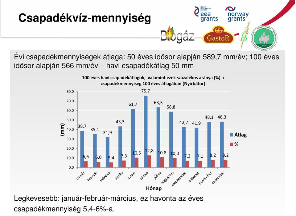 (%) a csapadékmennyiség 100 éves átlagában (Nyírbátor) 61,7 75,7 63,5 58,8 38,7 35,1 31,9 43,3 42,7 41,9 6,6 6,0 5,4 7,3 10,5 12,8