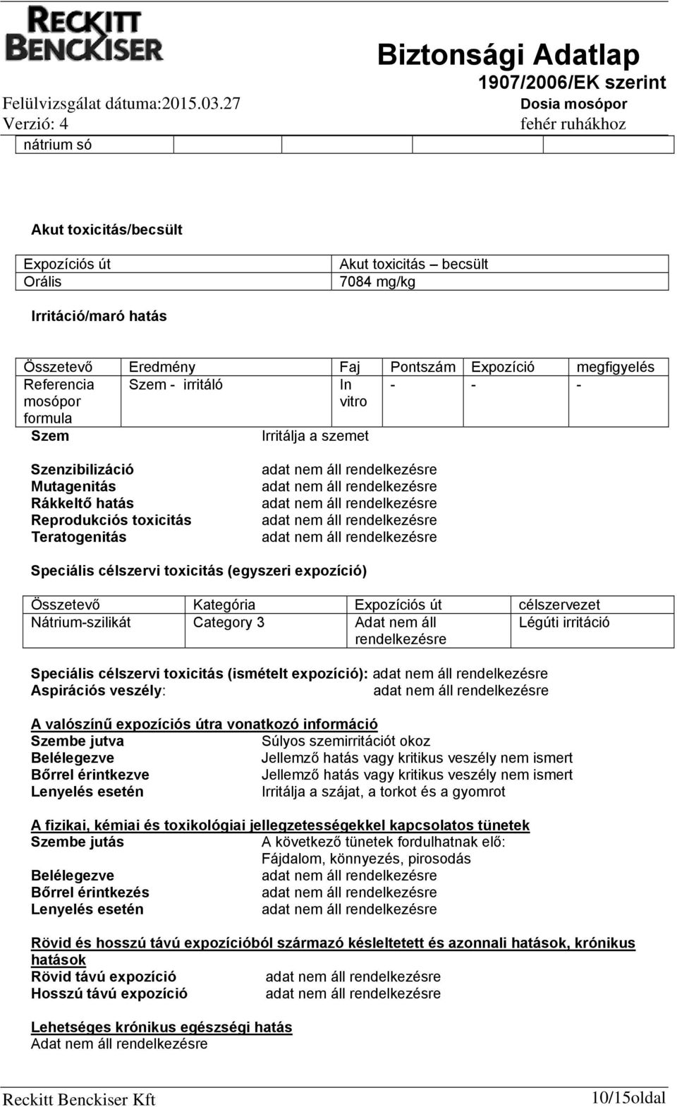 Expozíciós út célszervezet Nátrium-szilikát Category 3 Adat nem áll Légúti irritáció rendelkezésre Speciális célszervi toxicitás (ismételt expozíció): Aspirációs veszély: A valószínű expozíciós útra