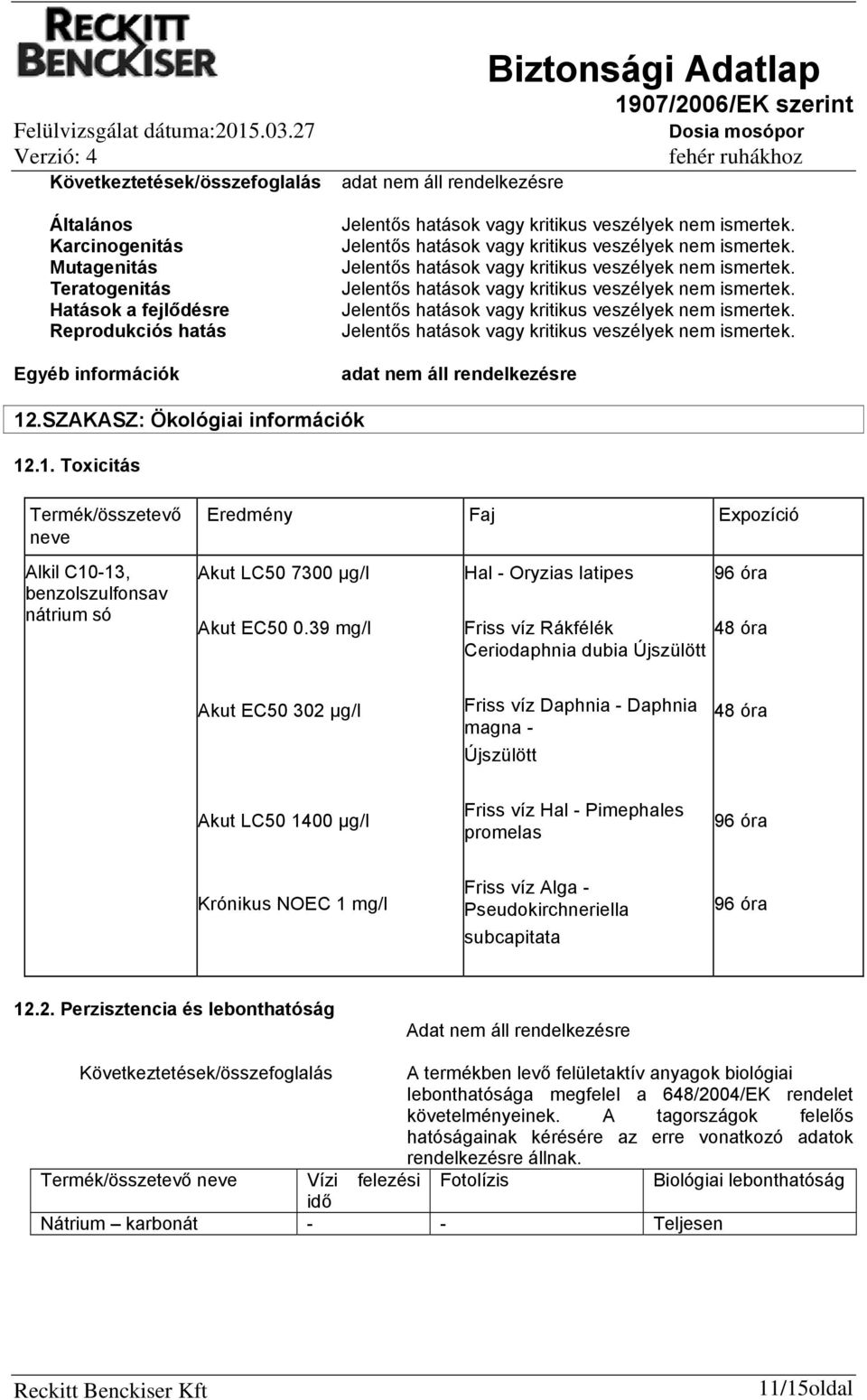 SZAKASZ: Ökológiai információk 12.1. Toxicitás Termék/összetevő neve Eredmény Faj Expozíció Alkil C10-13, benzolszulfonsav nátrium só Akut LC50 7300 μg/l Akut EC50 0.