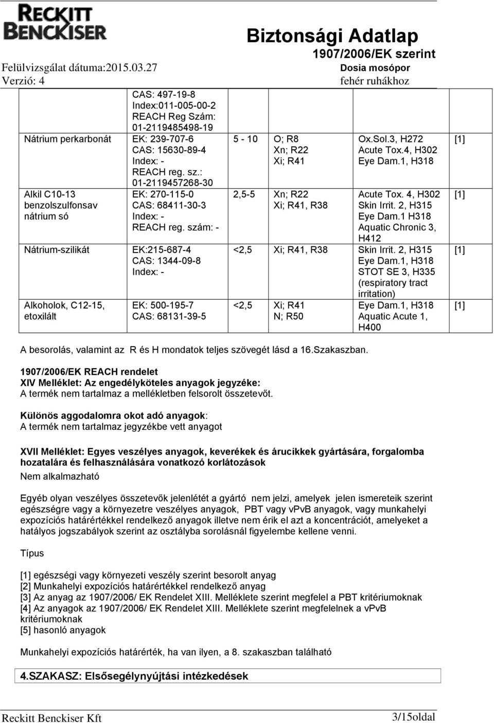 szám: - Nátrium-szilikát Alkoholok, C12-15, etoxilált EK:215-687-4 CAS: 1344-09-8 Index: - EK: 500-195-7 CAS: 68131-39-5 5-10 O; R8 Xn; R22 Xi; R41 2,5-5 Xn; R22 Xi; R41, R38 Ox.Sol.3, H272 Acute Tox.