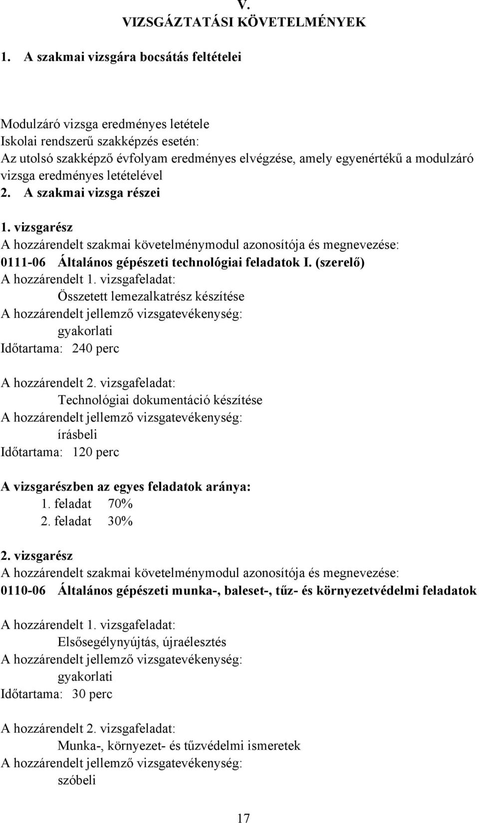 eredményes letételével 2. szakmai vizsga részei 1. vizsgarész hozzárendelt szakmai követelménymodul azonosítója és megnevezése: 0111-06 Általános gépészeti technológiai feladatok I.