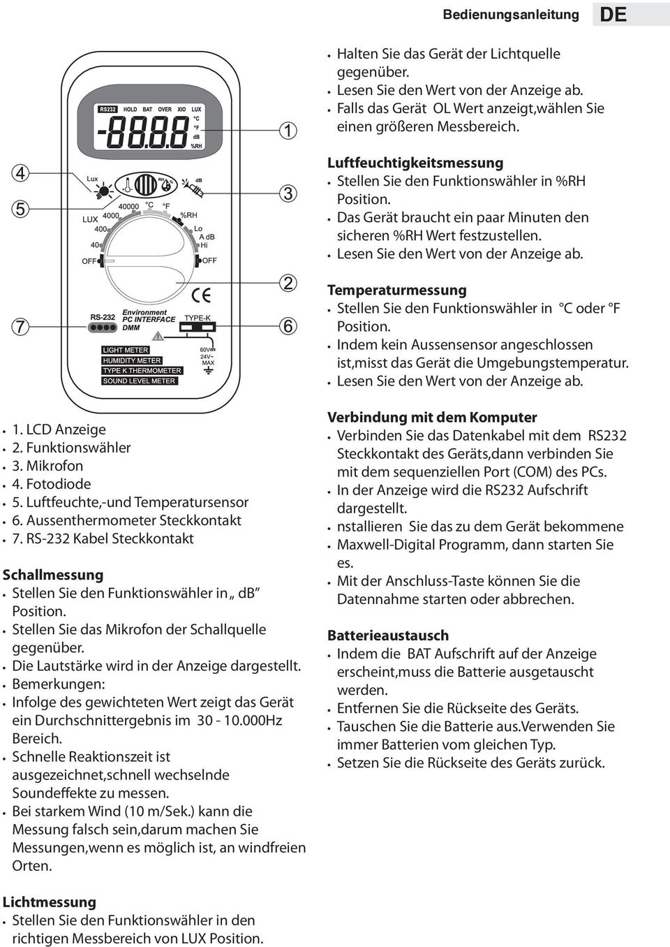 Temperaturmessung Stellen Sie den Funktionswähler in C oder F Position. Indem kein Aussensensor angeschlossen ist,misst das Gerät die Umgebungstemperatur. Lesen Sie den Wert von der Anzeige ab. 1.