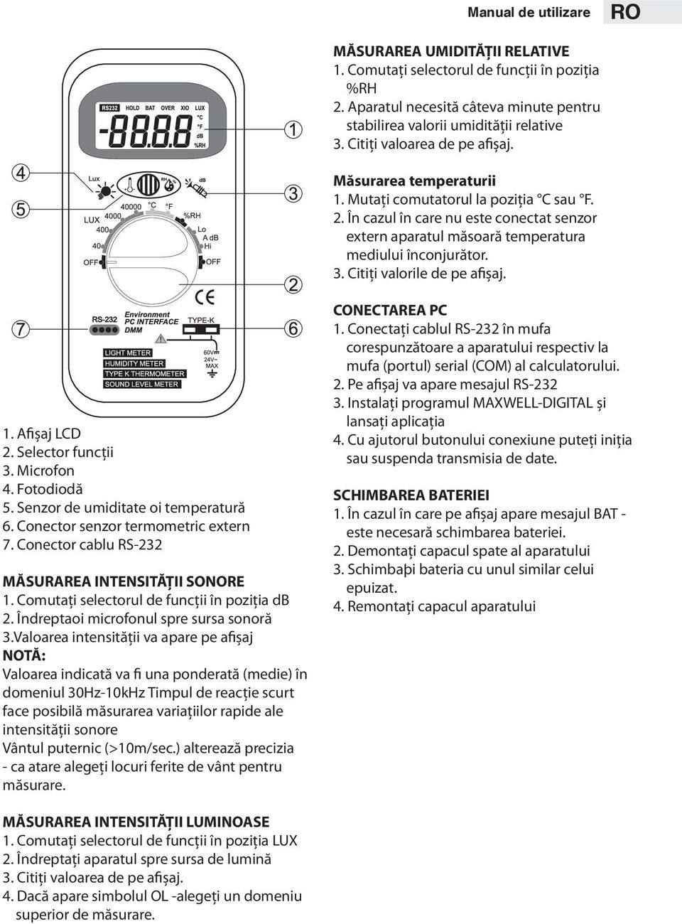 Citiți valorile de pe afișaj. 1. Afișaj LCD 2. Selector funcții 3. Microfon 4. Fotodiodă 5. Senzor de umiditate oi temperatură 6. Conector senzor termometric extern 7.