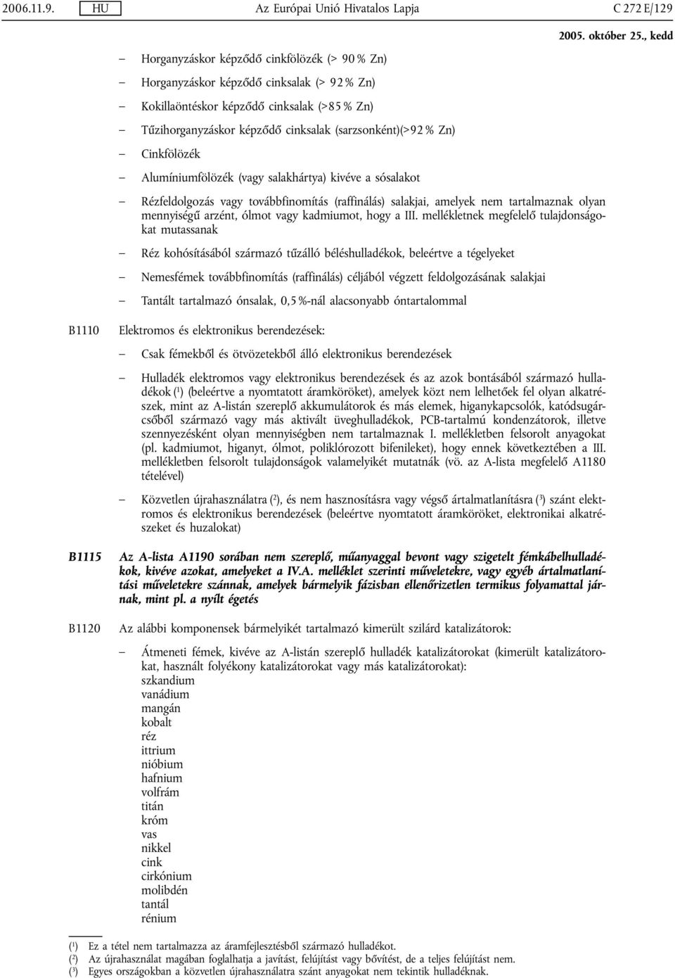 képződő cinksalak (sarzsonként)(>92 % Zn) Cinkfölözék Alumíniumfölözék (vagy salakhártya) kivéve a sósalakot Rézfeldolgozás vagy továbbfinomítás (raffinálás) salakjai, amelyek nem tartalmaznak olyan