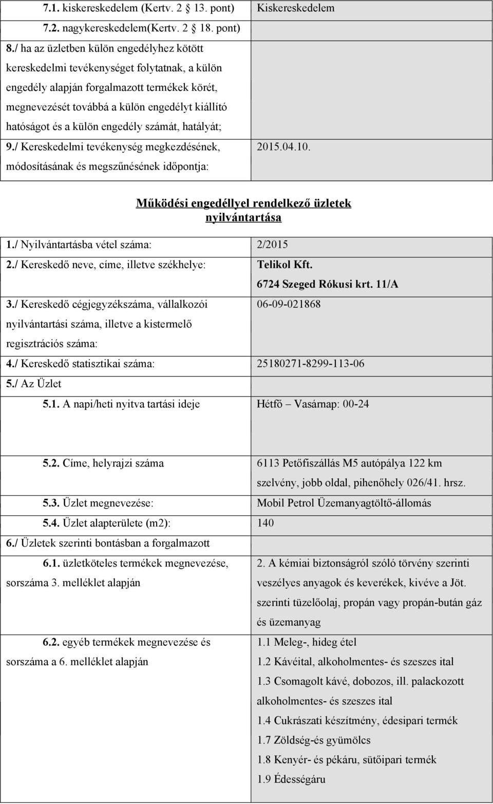 külön engedély számát, hatályát; 9./ Kereskedelmi tevékenység megkezdésének, 2015.04.10. módosításának és megszűnésének időpontja: Működési engedéllyel rendelkező üzletek nyilvántartása 1.