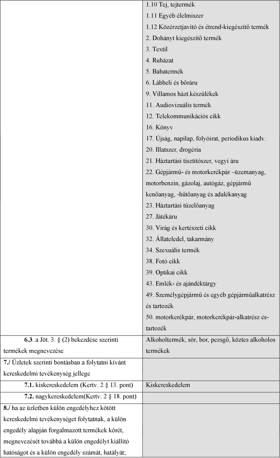 Gépjármű- és motorkerékpár üzemanyag, motorbenzin, gázolaj, autógáz, gépjármű kenőanyag, -hűtőanyag és adalékanyag 23. Háztartási tüzelőanyag 27. Játékáru 30. Virág és kertészeti cikk 32.