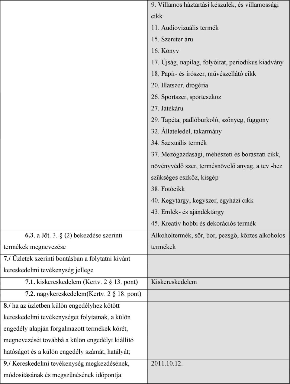 Mezőgazdasági, méhészeti és borászati cikk, növényvédő szer, termésnövelő anyag, a tev.-hez szükséges eszköz, kisgép 38. Fotócikk 40. Kegytárgy, kegyszer, egyházi cikk 43. Emlék- és ajándéktárgy 45.