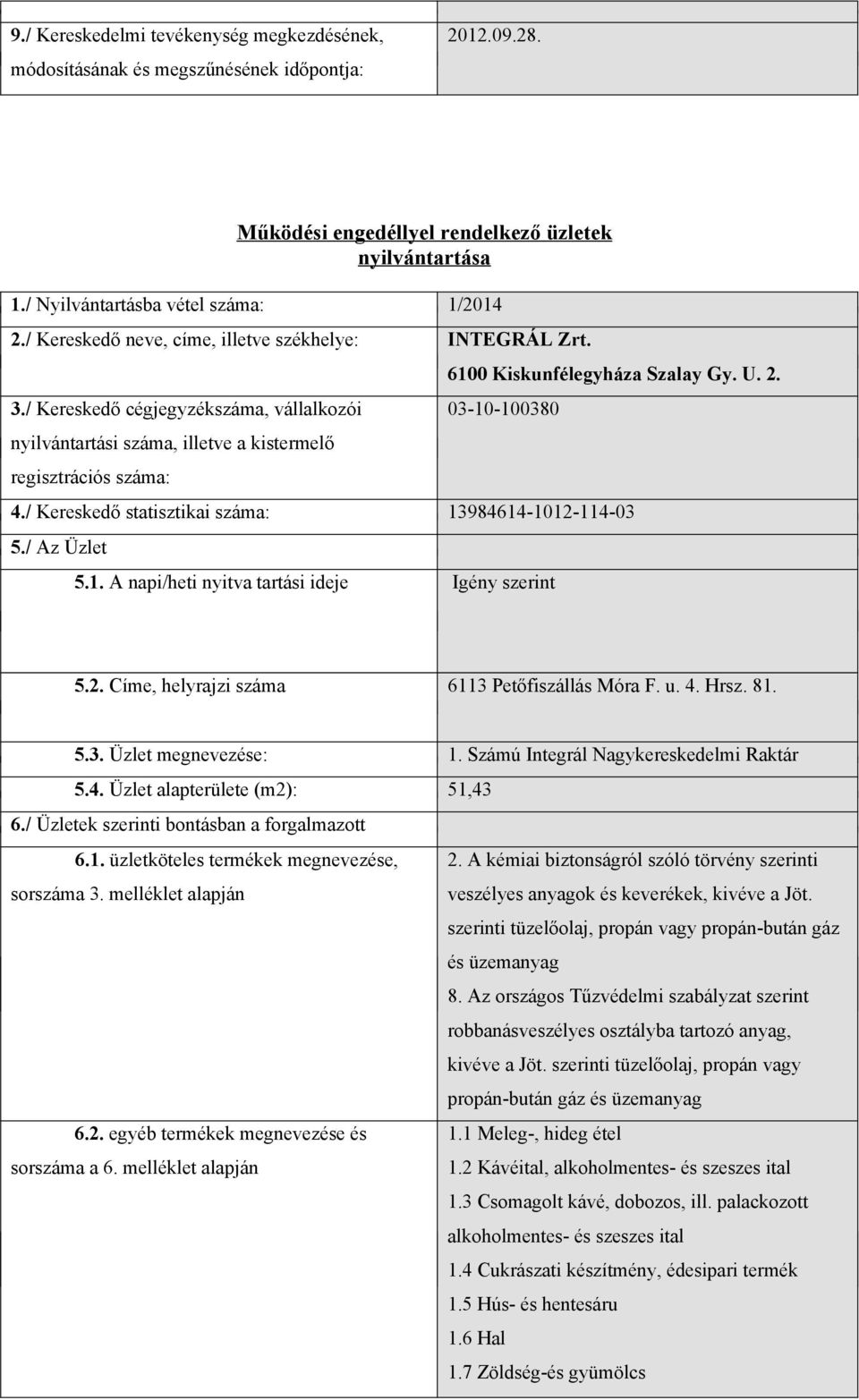 2. 03-10-100380 4./ Kereskedő statisztikai száma: 13984614-1012-114-03 5./ Az Üzlet 5.1. A napi/heti nyitva tartási ideje Igény szerint 5.2. Címe, helyrajzi száma 6113 Petőfiszállás Móra F. u. 4. Hrsz.