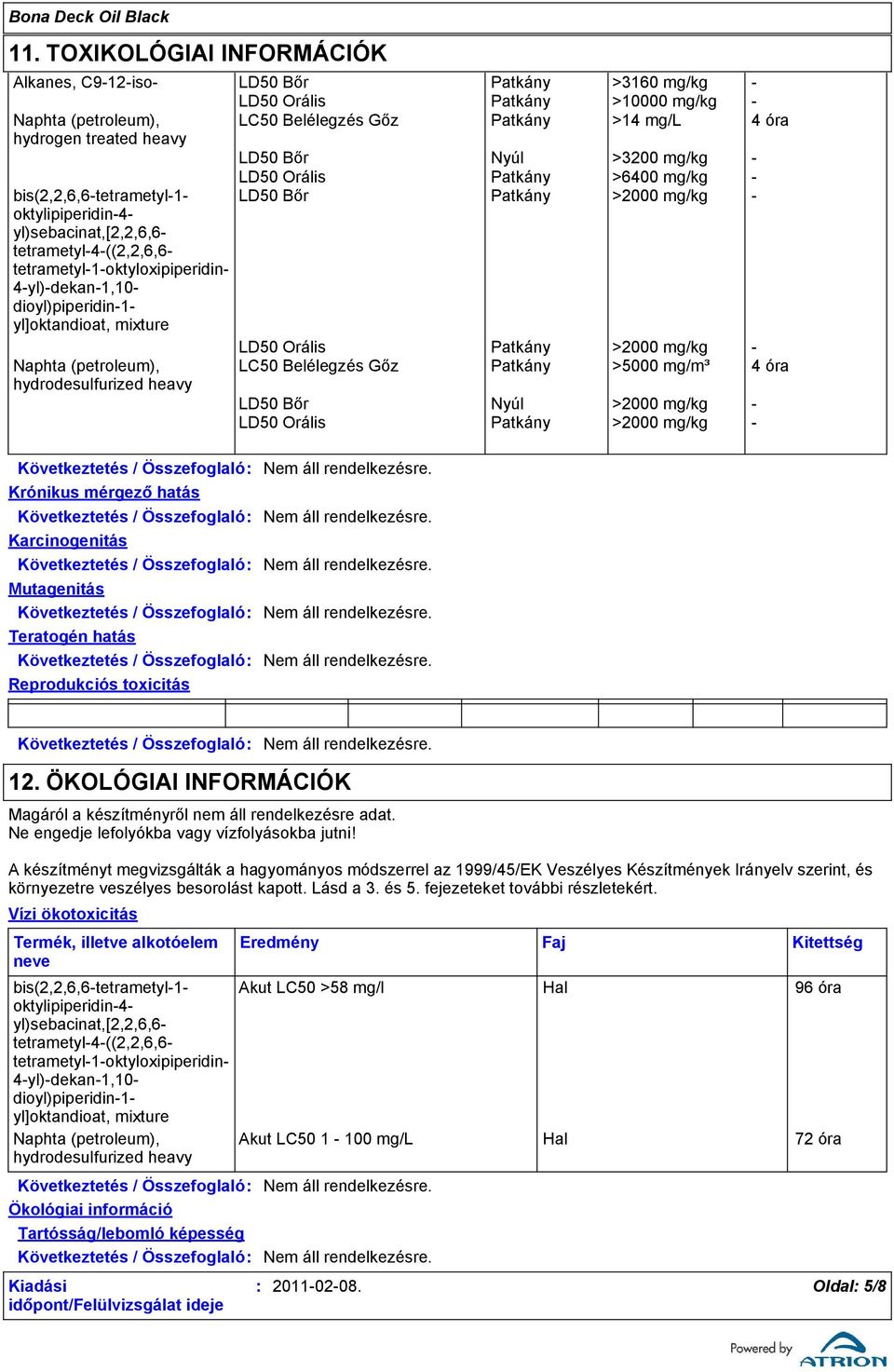 tetrametyl-1-oktyloxipiperidin- 4-yl)-dekan-1,10- dioyl)piperidin-1- yl]oktandioat, mixture LD50 Orális Patkány >2000 mg/kg - Naphta (petroleum), LC50 Belélegzés Gőz Patkány >5000 mg/m³ 4 óra