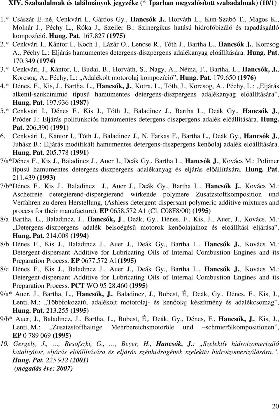 , Korcsog A., Péchy L.: Eljárás hamumentes detergens-diszpergens adalékanyag elállítására. Hung. Pat. 170.349 (1974) 3.* Cenkvári, I., Kántor, I., Budai, B., Horváth, S., Nagy, A., Néma, F.