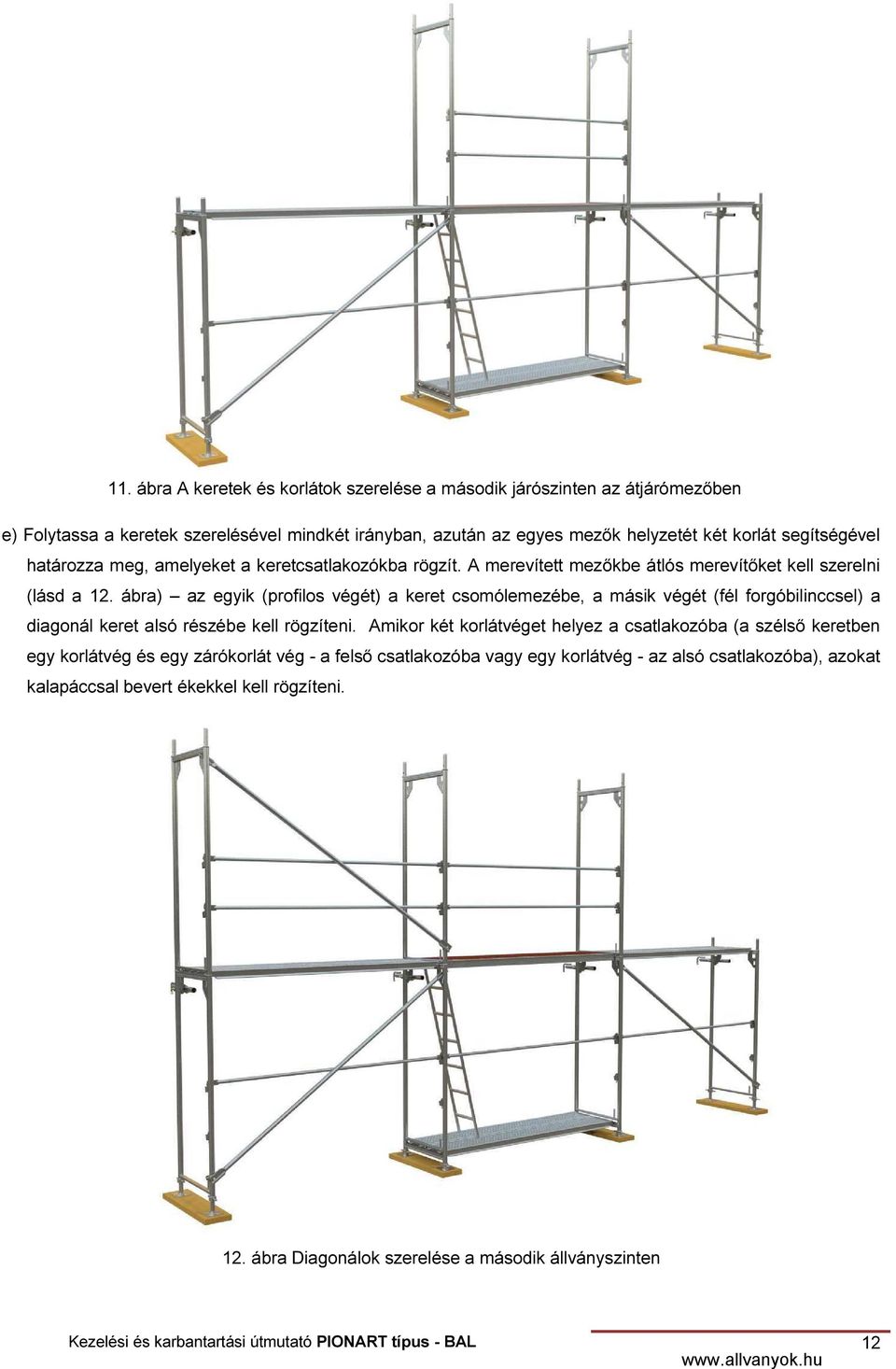 ábra) az egyik (profilos végét) a keret csomólemezébe, a másik végét (fél forgóbilinccsel) a diagonál keret alsó részébe kell rögzíteni.