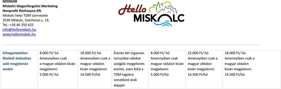 500 Ft/hó Évente két ingyenes turisztikai célokat szolgáló megjelenés esetén,
