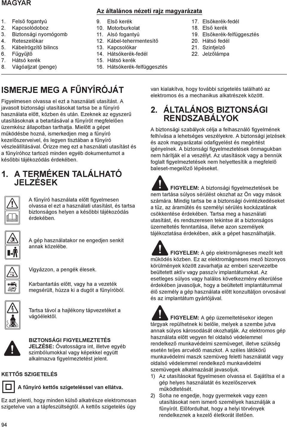 Els kerék-felfüggesztés 20. Hátsó fedél 21. Szintjelz 22. Jelz lámpa ISMERJE MEG A F NYÍRÓJÁT Figyelmesen olvassa el ezt a használati utasítást.