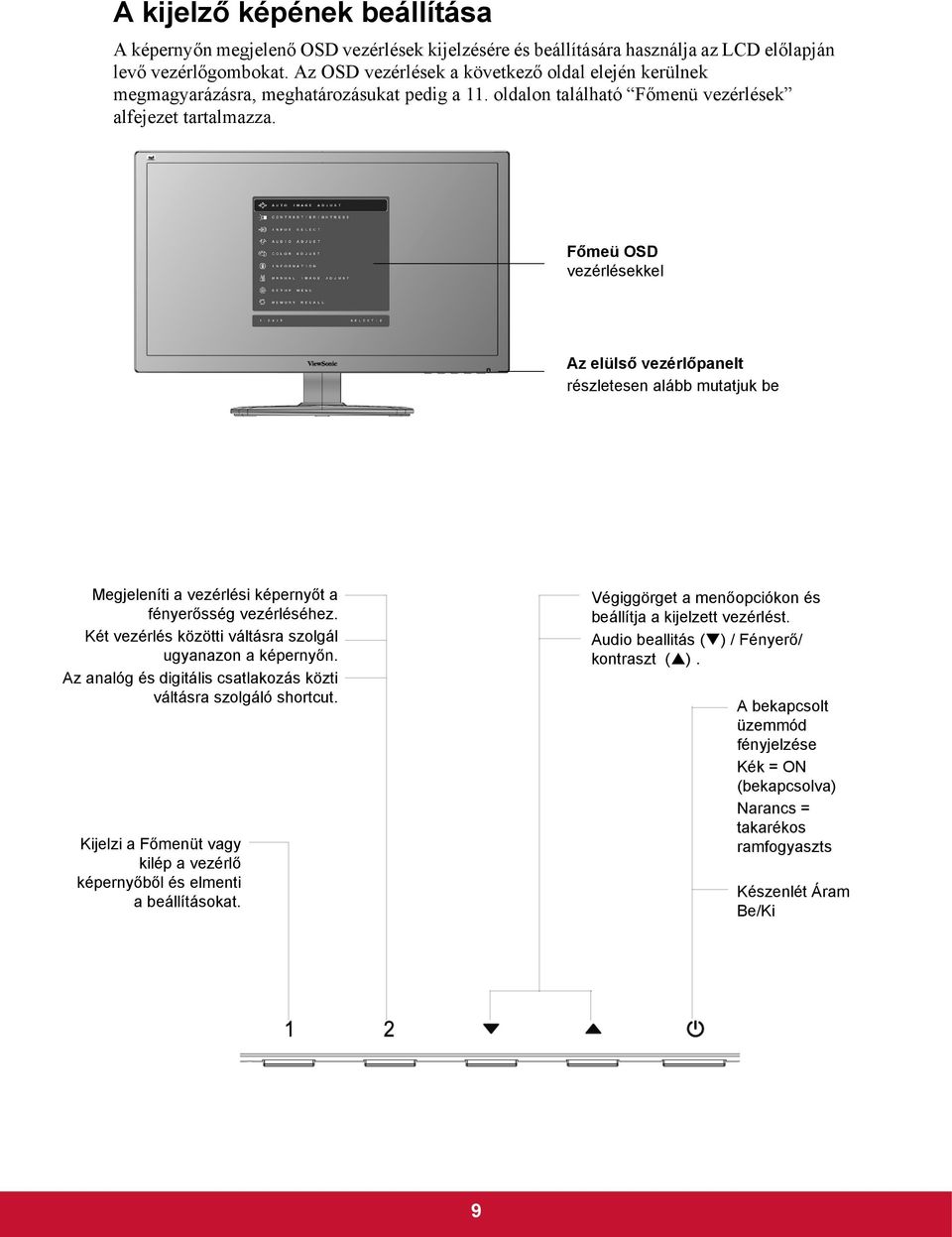 Főmeü OSD vezérlésekkel Az elülső vezérlőpanelt részletesen alább mutatjuk be Megjeleníti a vezérlési képernyőt a fényerősség vezérléséhez. Két vezérlés közötti váltásra szolgál ugyanazon a képernyőn.