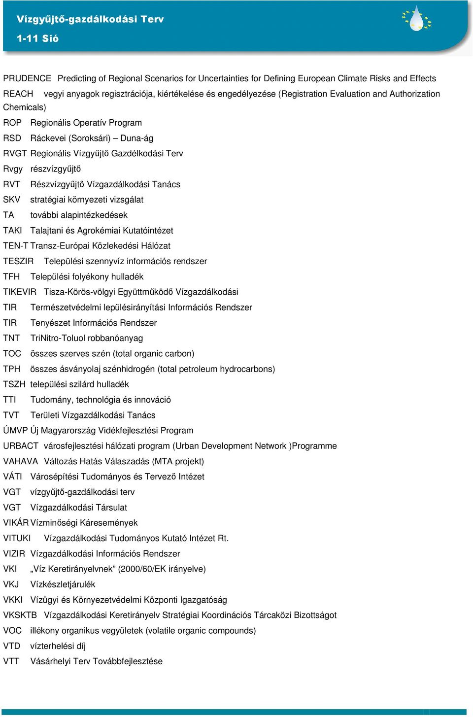 SKV stratégiai környezeti vizsgálat TA további alapintézkedések TAKI Talajtani és Agrokémiai Kutatóintézet TEN-T Transz-Európai Közlekedési Hálózat TESZIR Települési szennyvíz információs rendszer