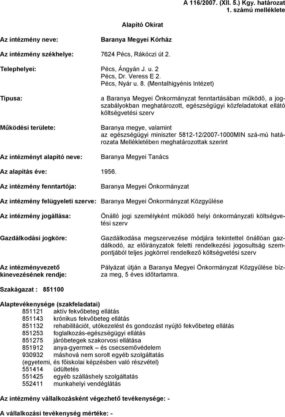 (Mentalhigyénis Intézet) Típusa: Működési területe: Az intézményt alapító neve: a Baranya Megyei Önkormányzat fenntartásában működő, a jogszabályokban meghatározott, egészségügyi közfeladatokat