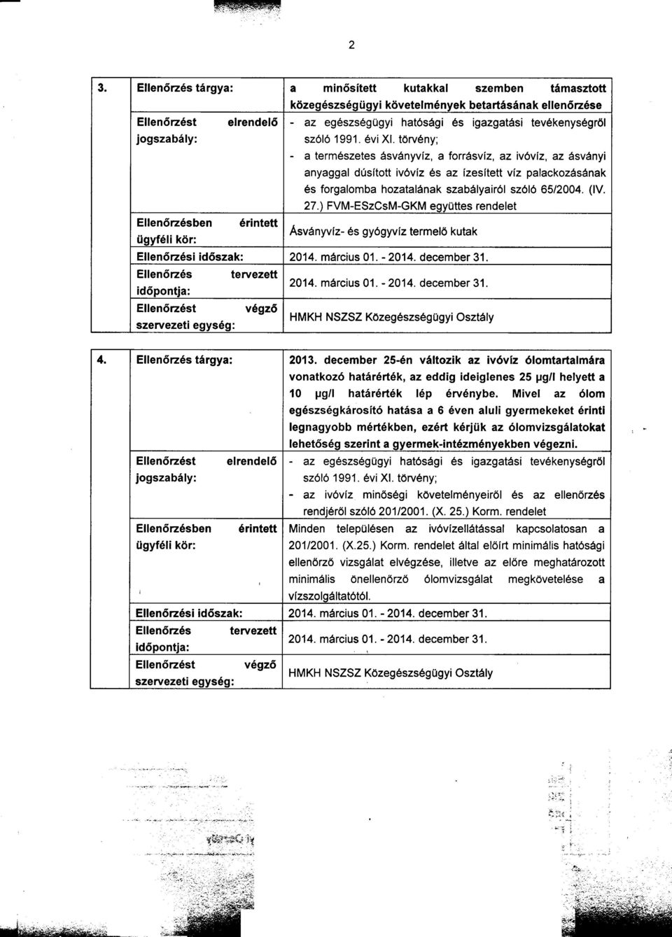 ) FVM-ESzCsM-GKM együttes rendelet Ü f ' l" k O. gy e lor: Asványvíz- és gyógyvíz termelö kutak i idõszak: 2014. március 01. - 2014. december 31. "d ~. 2014. március 01. - 2014. december 31. opontja: ", 4.