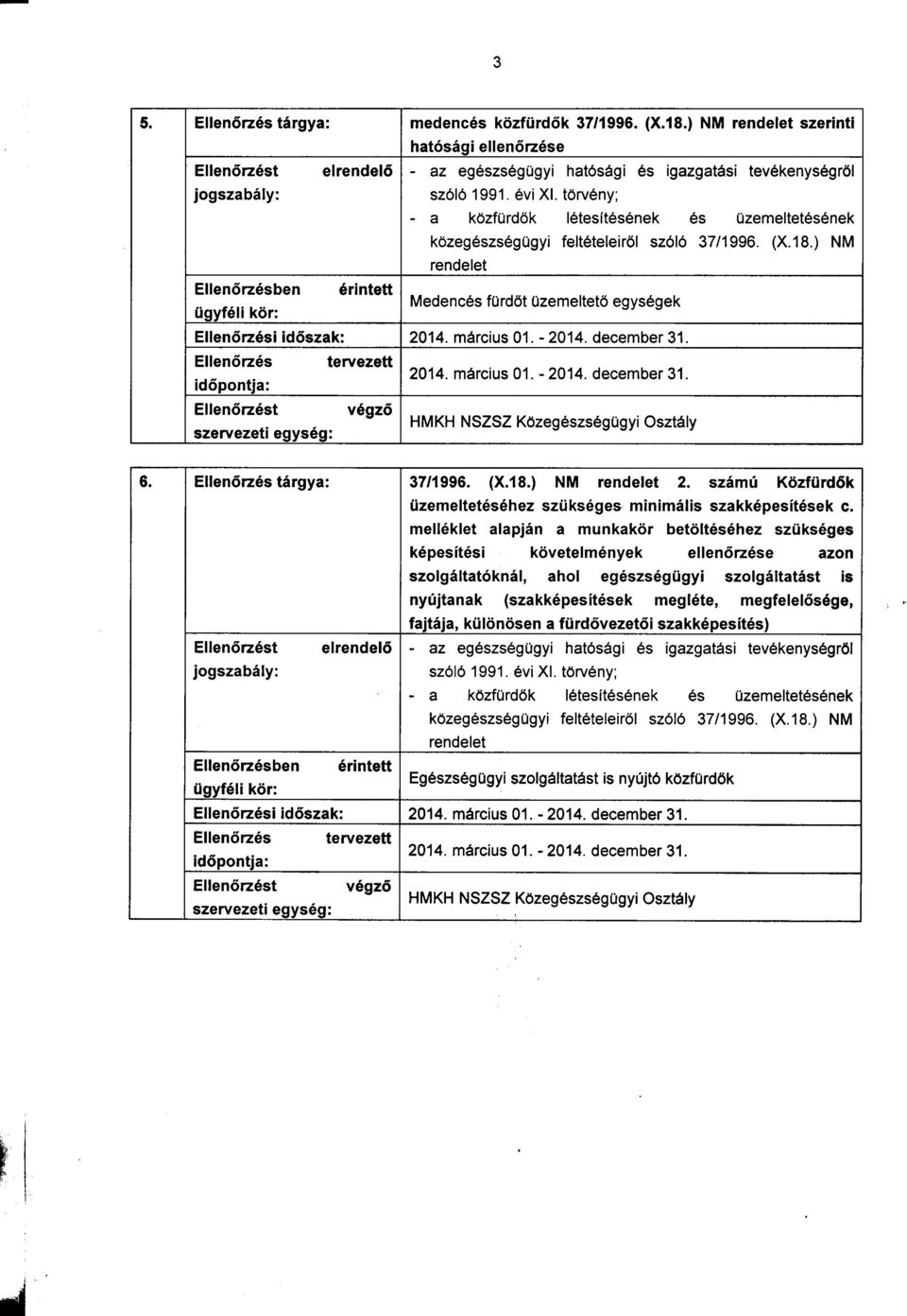 március 01. - 2014. december 31. 'd -, 2014. március 01. - 2014. december 31. opontja:. é szervezeti egys g: 6. tárgya: 37/1996. (X.18.) NM rendelet 2.