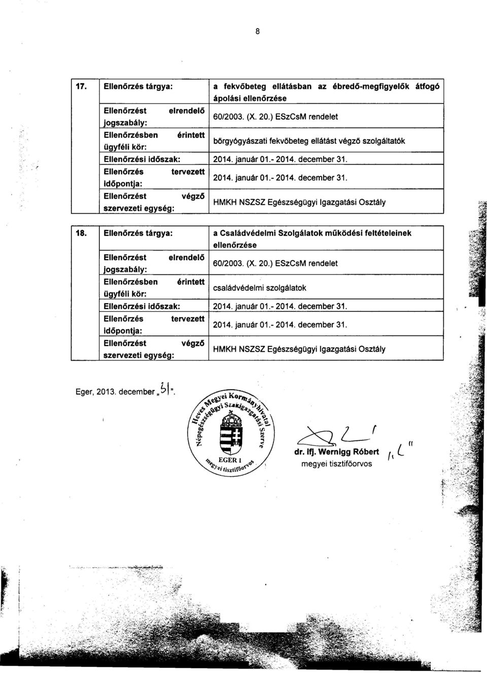 tárgya: a Családvédelmi Szolgálatok mûködési feltételeinek ellenõrzése elrendelõ 60/2003. (X. 20.