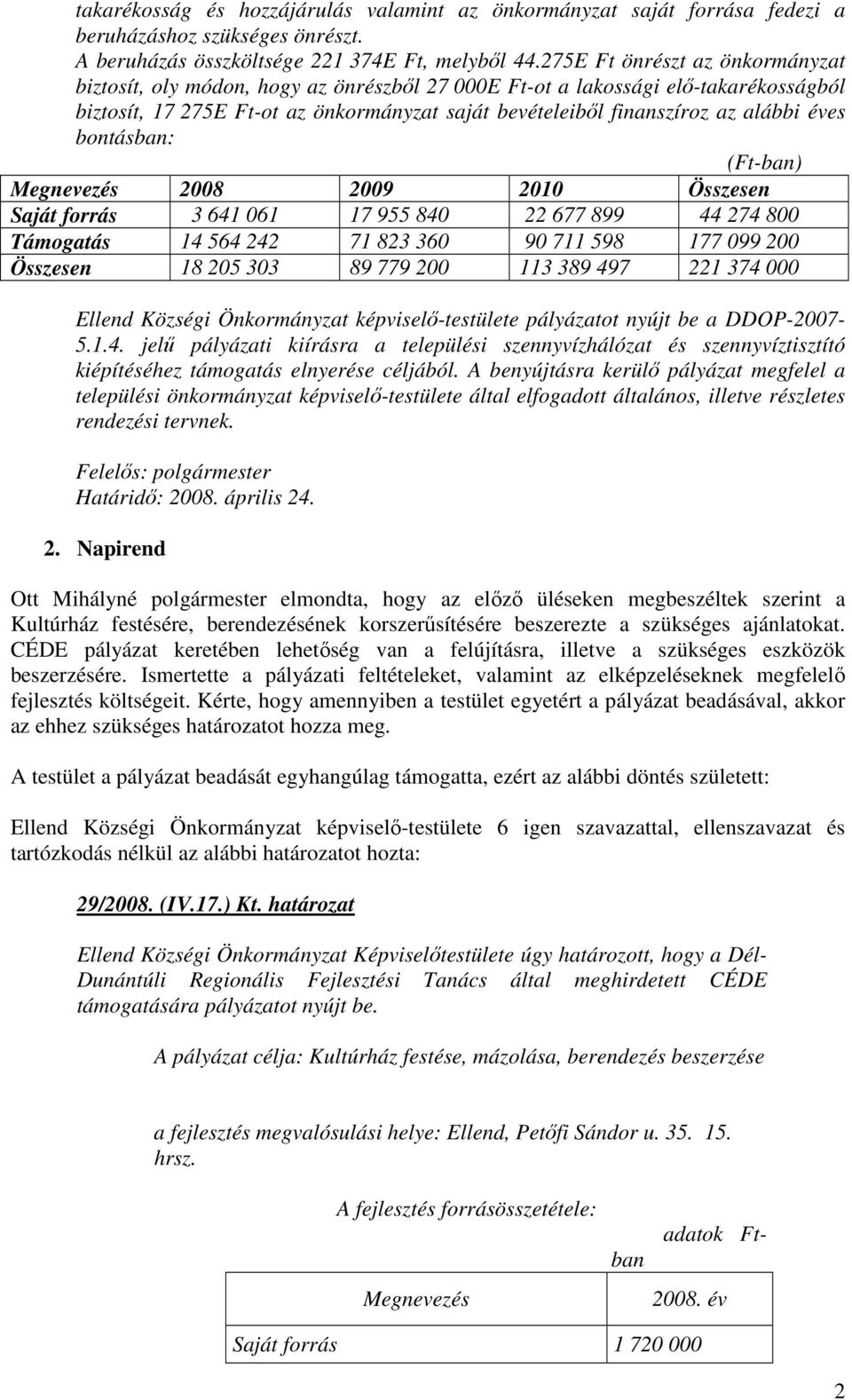 éves bontásban: (Ft-ban) Megnevezés 2008 2009 2010 Összesen Saját forrás 3 641 061 17 955 840 22 677 899 44 274 800 Támogatás 14 564 242 71 823 360 90 711 598 177 099 200 Összesen 18 205 303 89 779