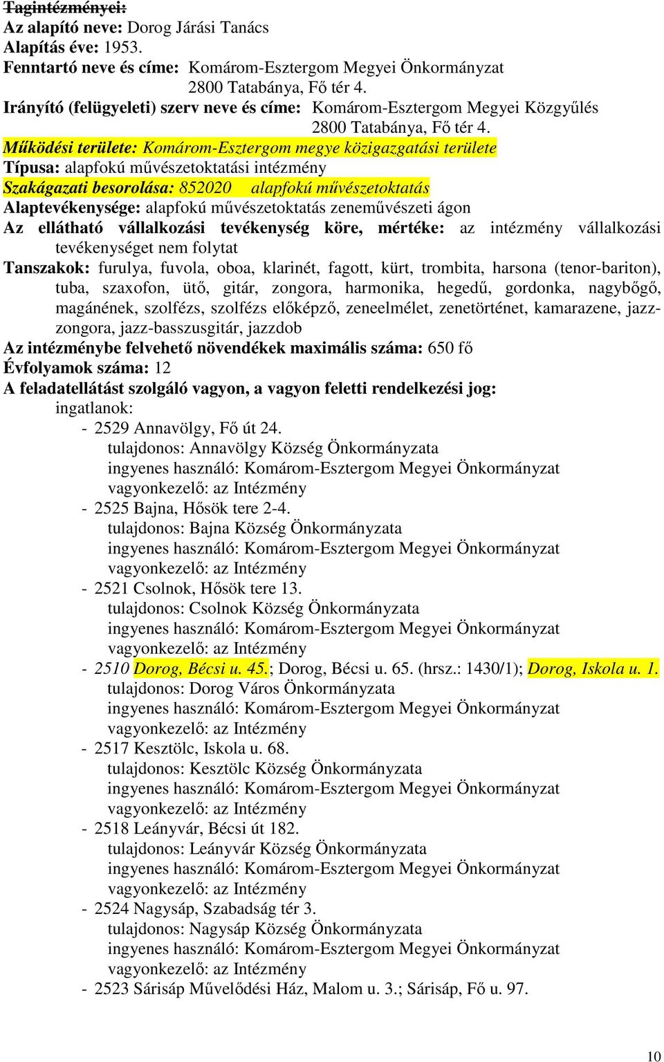 mővészetoktatás zenemővészeti ágon tevékenységet nem folytat Tanszakok: furulya, fuvola, oboa, klarinét, fagott, kürt, trombita, harsona (tenor-bariton), tuba, szaxofon, ütı, gitár, zongora,