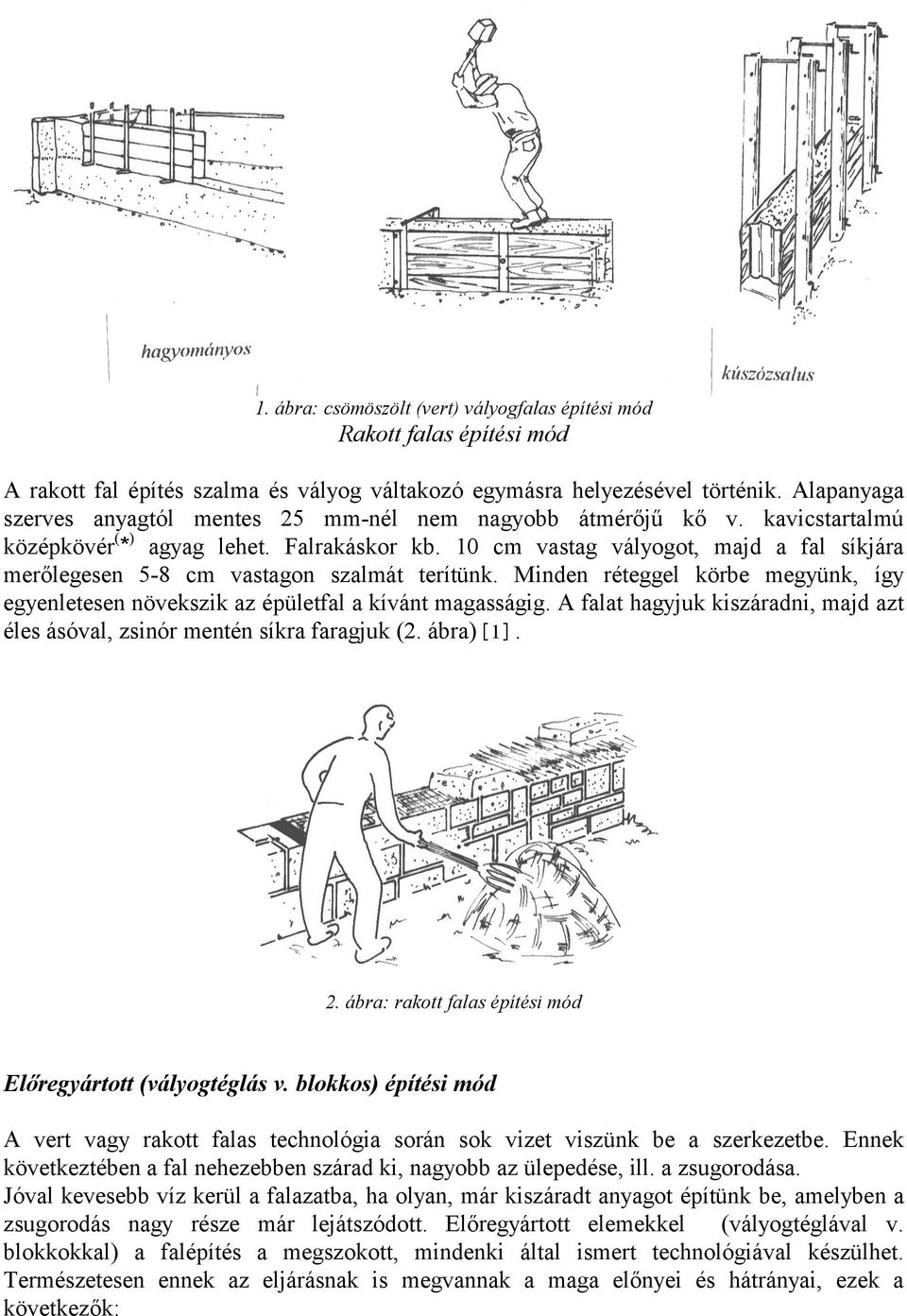 10 cm vastag vályogot, majd a fal síkjára merőlegesen 5-8 cm vastagon szalmát terítünk. Minden réteggel körbe megyünk, így egyenletesen növekszik az épületfal a kívánt magasságig.