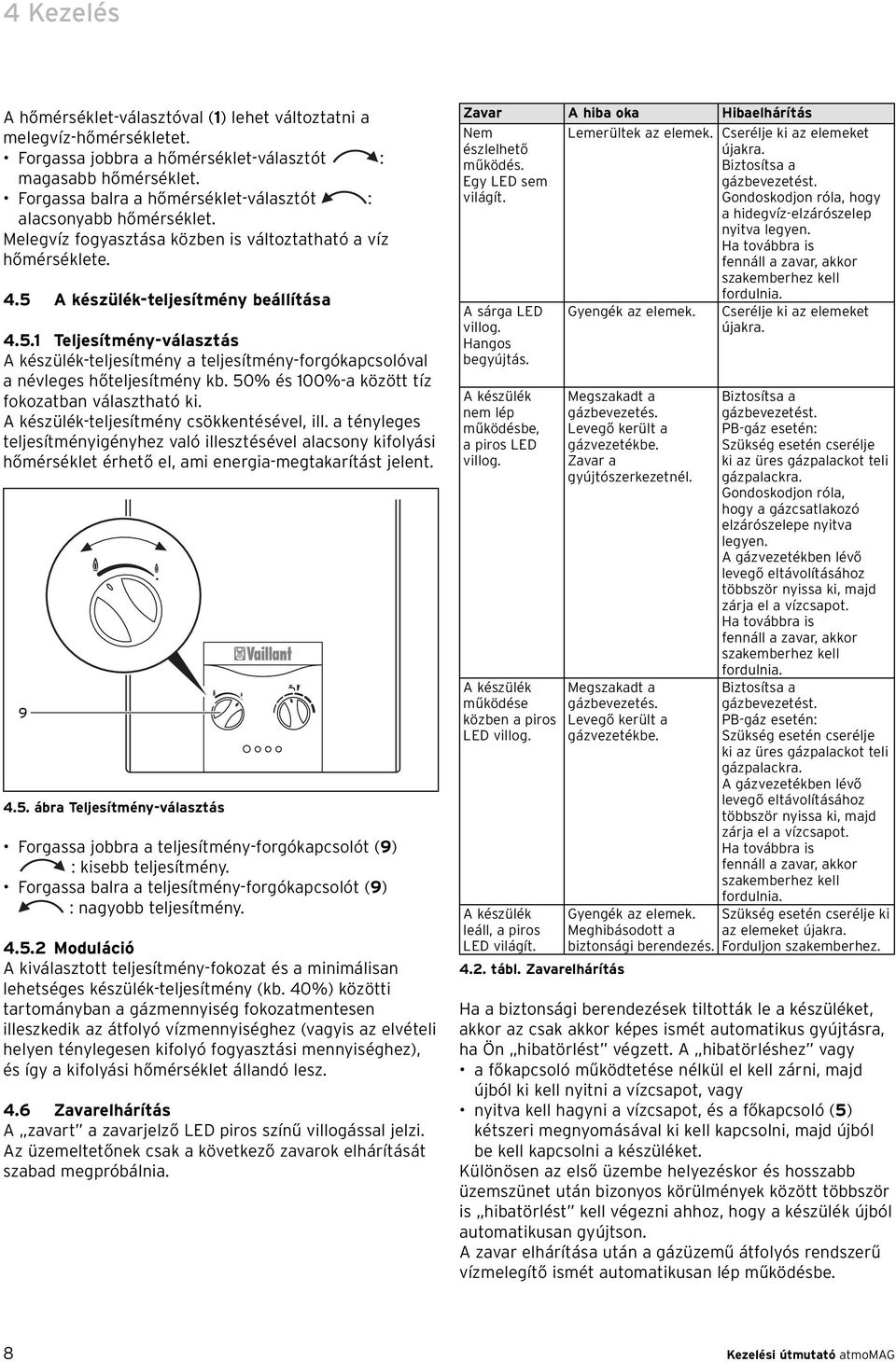 A készülék-teljesítmény beállítása 4.5. Teljesítmény-választás A készülék-teljesítmény a teljesítmény-forgókapcsolóval a névleges hőteljesítmény kb. 50% és 00%-a között tíz fokozatban választható ki.