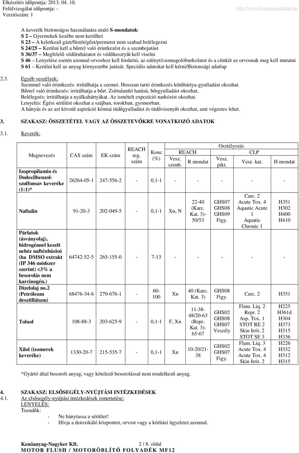 mutatni S 61 Kerülni kell az anyag környezetbe jutását. Speciális adatokat kell kérni/biztonsági adatlap 2.3. Egyéb veszélyek: Szemmel való érintkezés: irritálhatja a szemet.