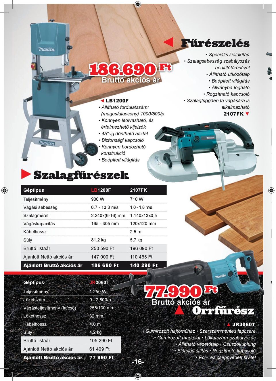 Szalagfüggően fa vágására is alkalmazható 2107FK Szalagfűrészek LB1200F 2107FK Teljesítmény 900 W 710 W Vágási sebesség 6.7-13.3 m/s 1,0-1,8 m/s Szalagméret 2.240x(6-16) mm 1.