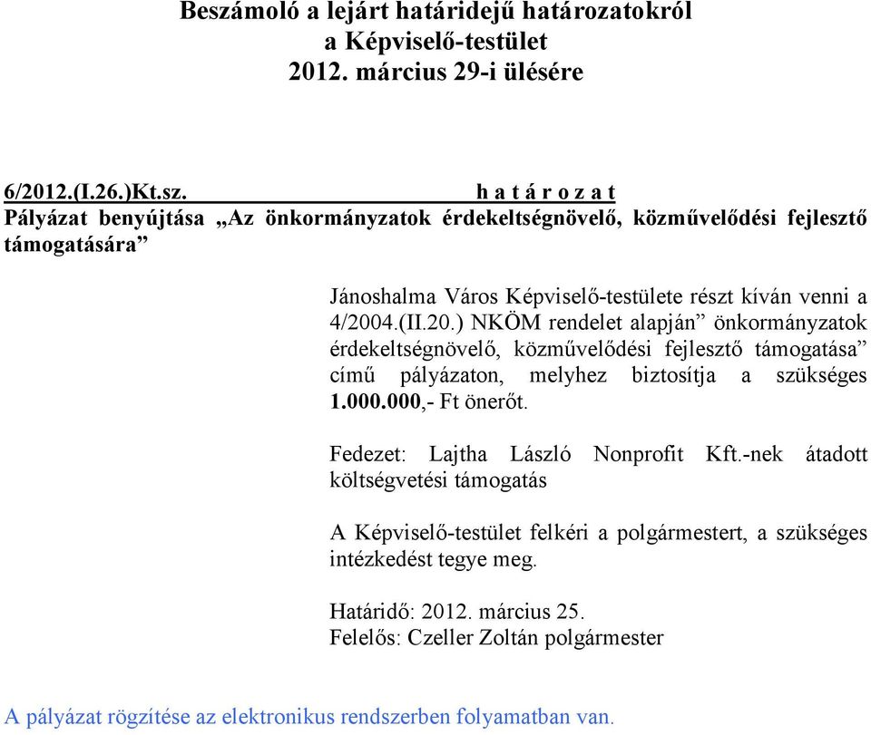 Fedezet: Lajtha László Nonprofit Kft.-nek átadott költségvetési támogatás A Képviselő-testület felkéri a polgármestert, a szükséges intézkedést tegye meg. Határidő: 2012.