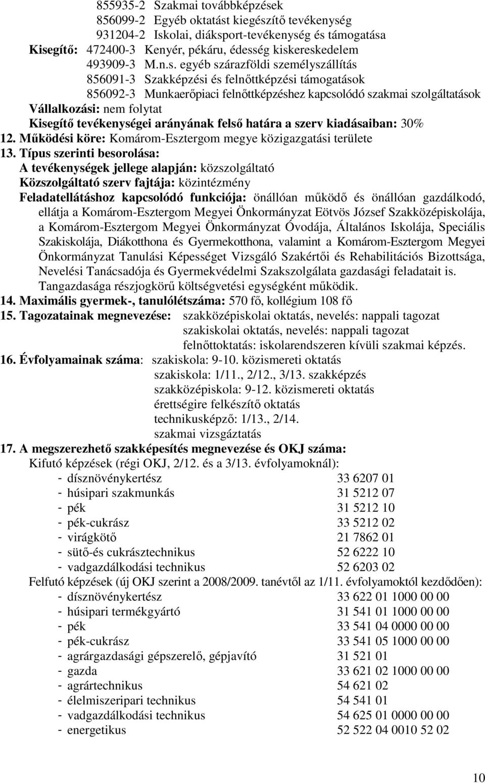 egyéb szárazföldi személyszállítás 856091-3 Szakképzési és felnıttképzési támogatások 856092-3 Munkaerıpiaci felnıttképzéshez kapcsolódó szakmai szolgáltatások Vállalkozási: nem folytat Kisegítı