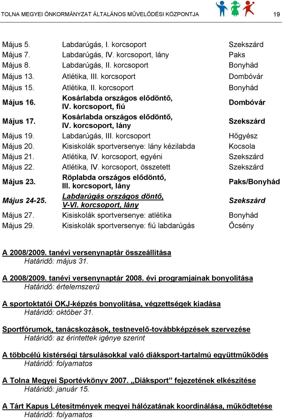 Kosárlabda országos elődöntő, IV. korcsoport, lány Szekszárd Május 19. Labdarúgás, III. korcsoport Hőgyész Május 20. Kisiskolák sportversenye: lány kézilabda Kocsola Május 21. Atlétika, IV.