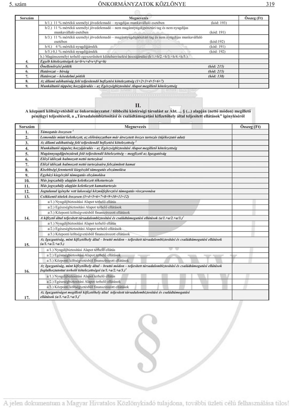 ) 11 % mérték személyi jövedelemadó magánnyugdíjpénztári tag és nem nyugdíjas munkavállaló esetében (kód:192) h/4.) 4 % mérték nyugdíjjárulék (kód: 191) h/5.) 0,1 % mérték nyugdíjjárulék (kód: 192) h.