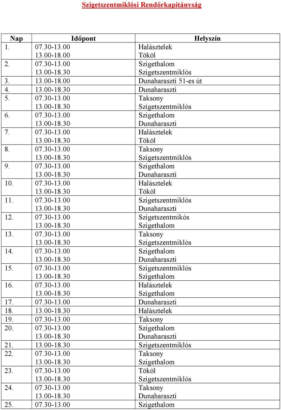 07.30-13.00 Taksony 14. 07.30-13.00 15. 07.30-13.00 16. 07.30-13.00 Halásztelek 17. 07.30-13.00 18. Halásztelek 19. 07.30-13.00 Taksony 20.