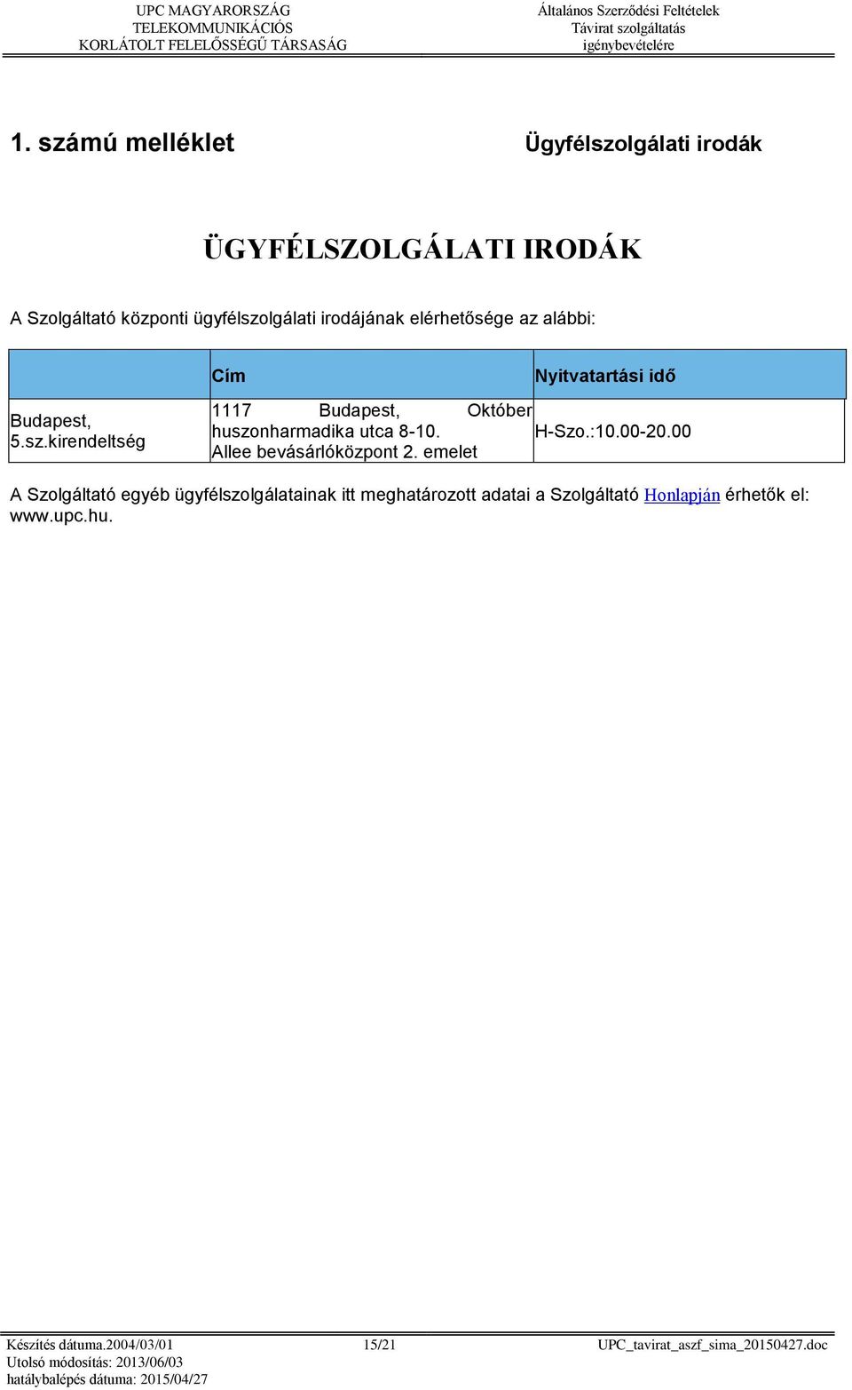 kirendeltség Cím Nyitvatartási idő 1117 Budapest, Október huszonharmadika utca 8-10. H-Szo.:10.00-20.