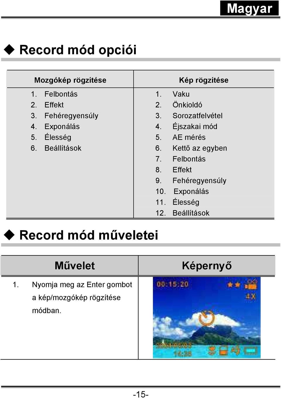 AE mérés 6. Kettő az egyben 7. Felbontás 8. Effekt 9. Fehéregyensúly 10. Exponálás 11. Élesség 12.