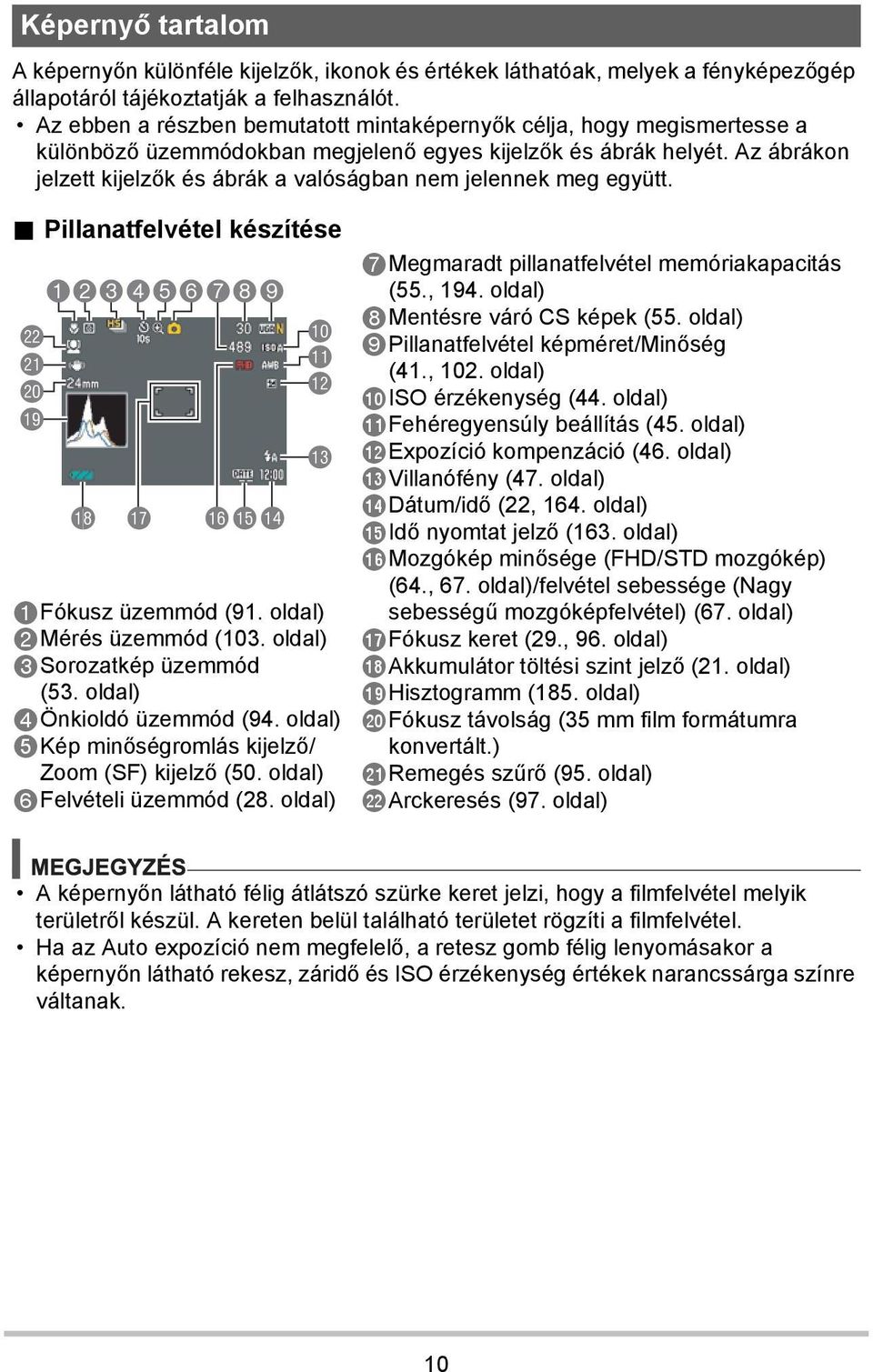 Az ábrákon jelzett kijelzők és ábrák a valóságban nem jelennek meg együtt.. Pillanatfelvétel készítése cm cl ck bt 123456789 bs br bqbpbo bk bl bm bn 1Fókusz üzemmód (91. oldal) 2Mérés üzemmód (103.