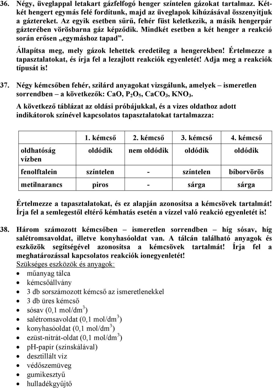 Állapítsa meg, mely gázok lehettek eredetileg a hengerekben! Értelmezze a tapasztalatokat, és írja fel a lezajlott reakciók egyenletét! Adja meg a reakciók típusát is! 37.