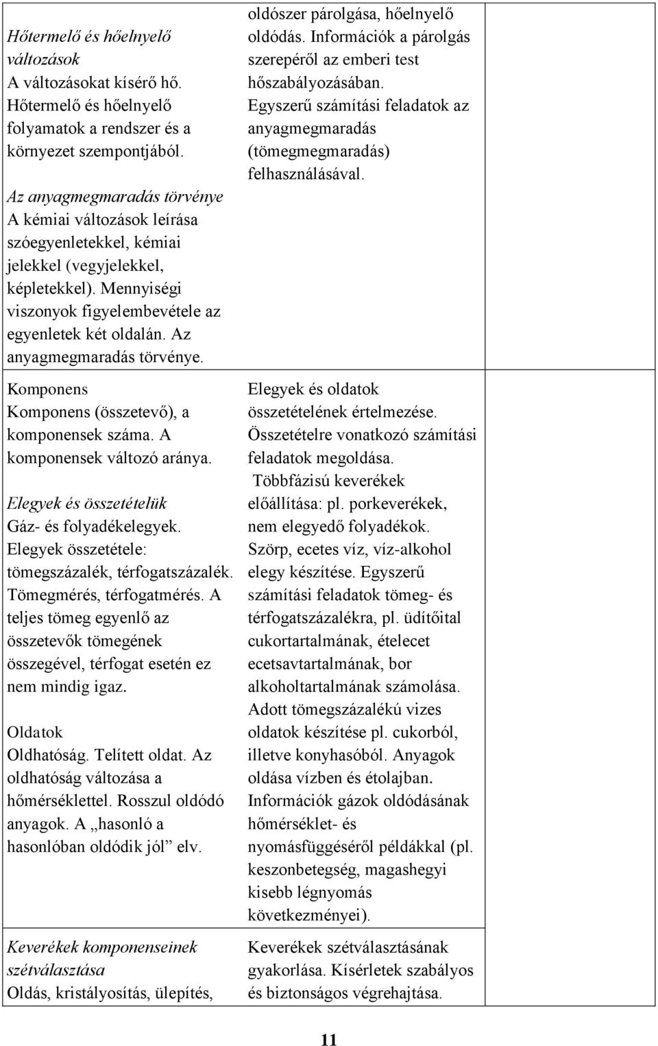 Az anyagmegmaradás törvénye. Komponens Komponens (összetevő), a komponensek száma. A komponensek változó aránya. Elegyek és összetételük Gáz- és folyadékelegyek.