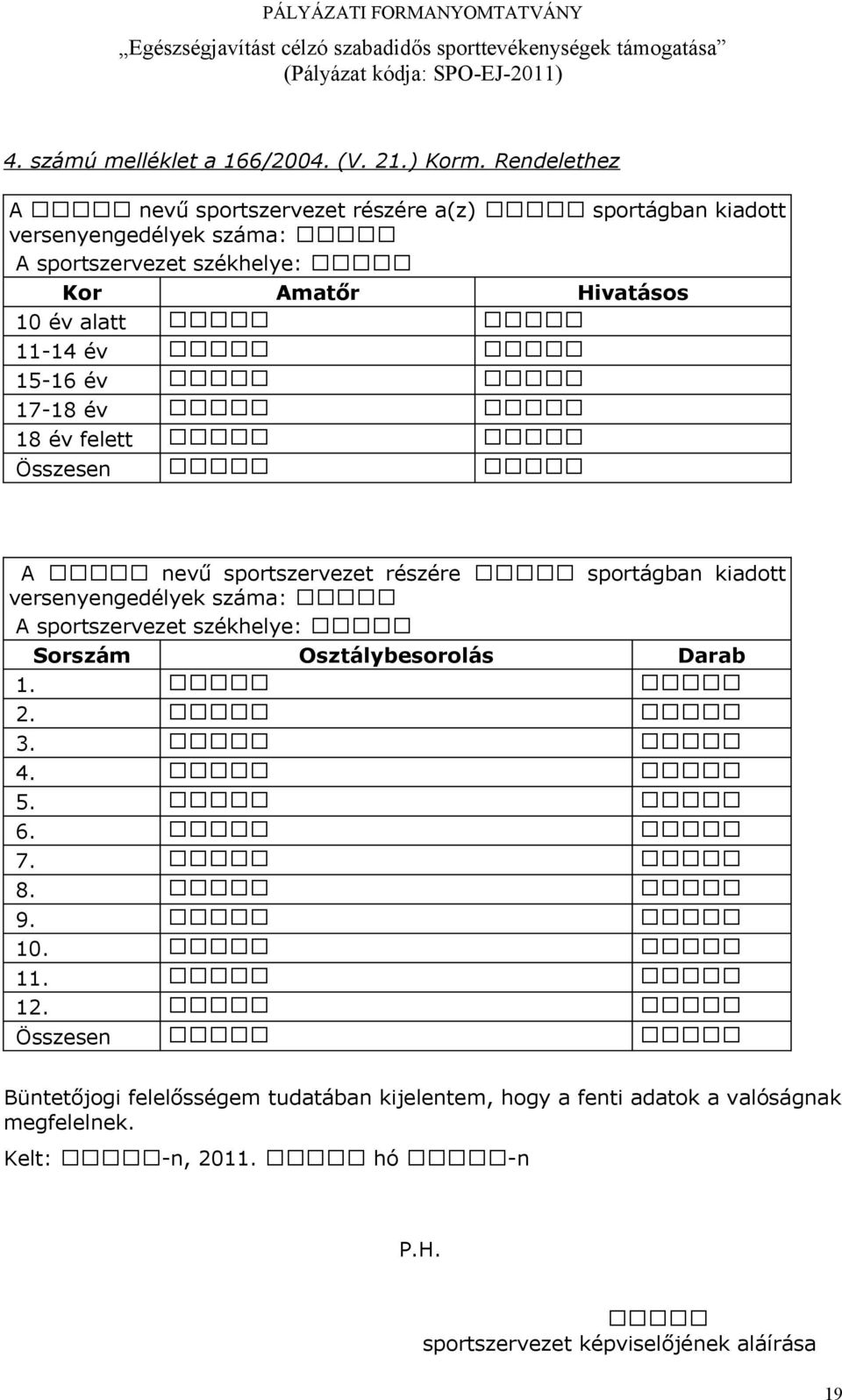 alatt 11-14 év 15-16 év 17-18 év 18 év felett Összesen A nevű sportszervezet részére sportágban kiadott versenyengedélyek száma: A sportszervezet