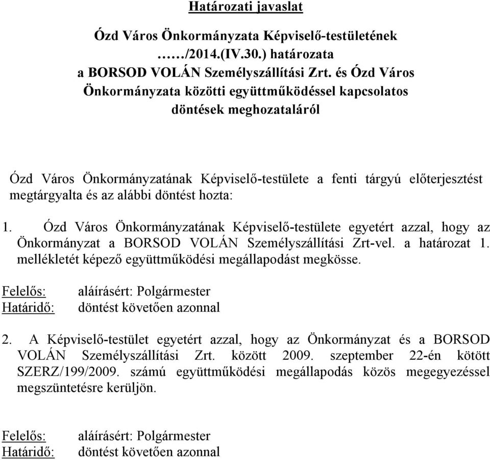 hozta: 1. Ózd Város Önkormányzatának Képviselő-testülete egyetért azzal, hogy az Önkormányzat a BORSOD VOLÁN Személyszállítási Zrt-vel. a határozat 1.