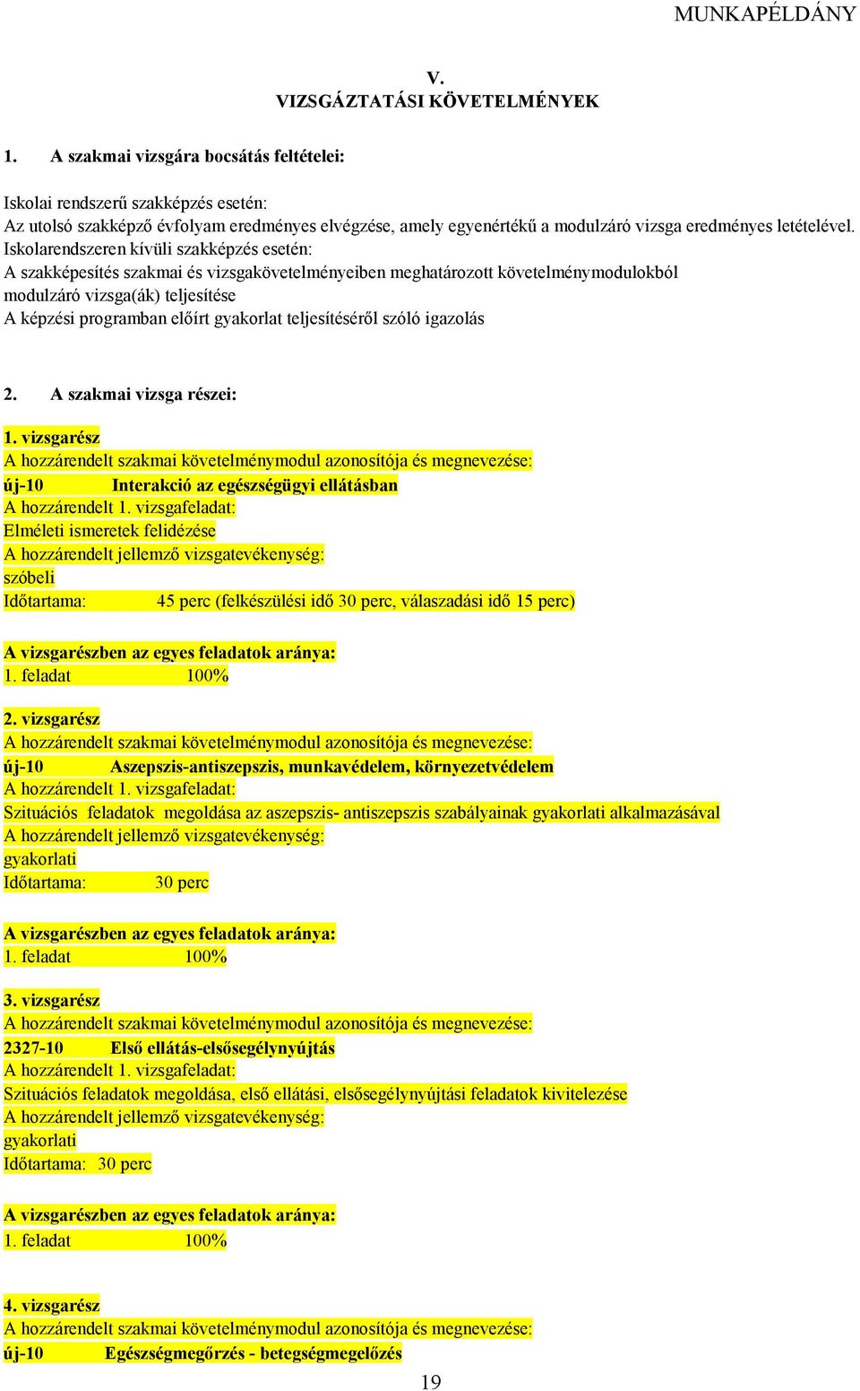 Iskolarendszeren kívüli szakképzés esetén: szakképesítés szakmai és vizsgakövetelményeiben meghatározott követelménymodulokból modulzáró vizsga(ák) teljesítése képzési programban elıírt gyakorlat