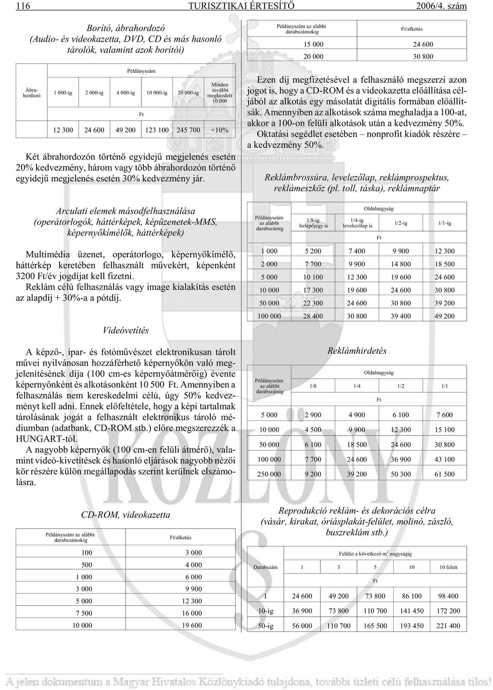 megkezdett 10 000 12 300 24 600 49 200 123 100 245 700 +10% Két áb ra hor do zón tör té nõ egy ide jû meg je le nés ese tén 20% ked vez mény, há rom vagy több áb ra hor do zón tör té nõ egy ide jû