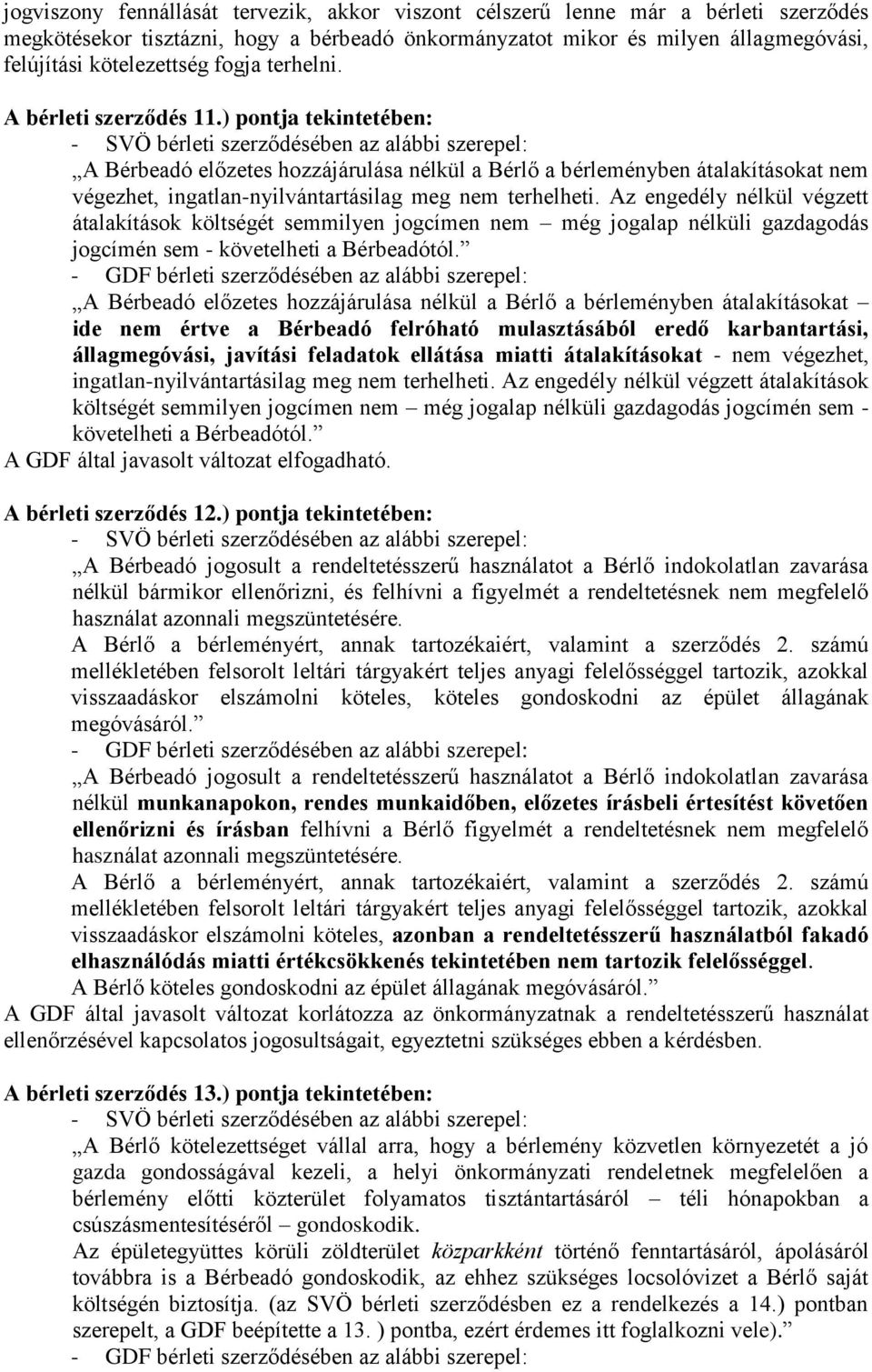 ) pontja tekintetében: - SVÖ bérleti szerződésében az alábbi szerepel: A Bérbeadó előzetes hozzájárulása nélkül a Bérlő a bérleményben átalakításokat nem végezhet, ingatlan-nyilvántartásilag meg nem