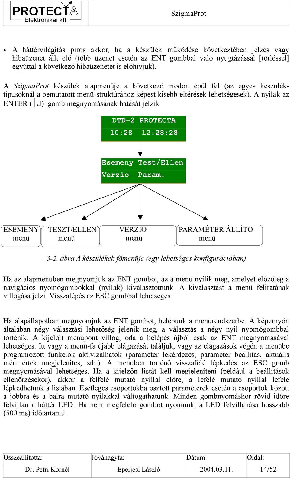 A nyilak az ENTER ( ) gomb megnyomásának hatását jelzik. DTD-2 PROTECTA 10:28 12:28:28 Esemeny Test/Ellen Verzio Param. ESEMÉNY TESZT/ELLEN VERZIÓ PARAMÉTER ÁLLÍTÓ menü menü menü menü 3-2.