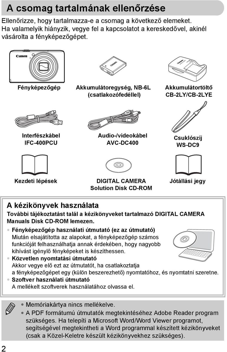 Solution Disk CD-ROM Jótállási jegy A kézikönyvek használata További tájékoztatást talál a kézikönyveket tartalmazó DIGITAL CAMERA Manuals Disk CD-ROM lemezen.