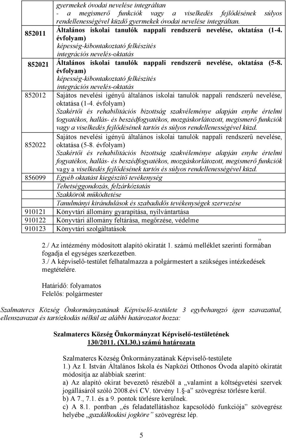 852012 Sajátos nevelési igényű általános iskolai tanulók nappali rendszerű nevelése, oktatása (1-4. 852022 Sajátos nevelési igényű általános iskolai tanulók nappali rendszerű nevelése, oktatása (5-8.