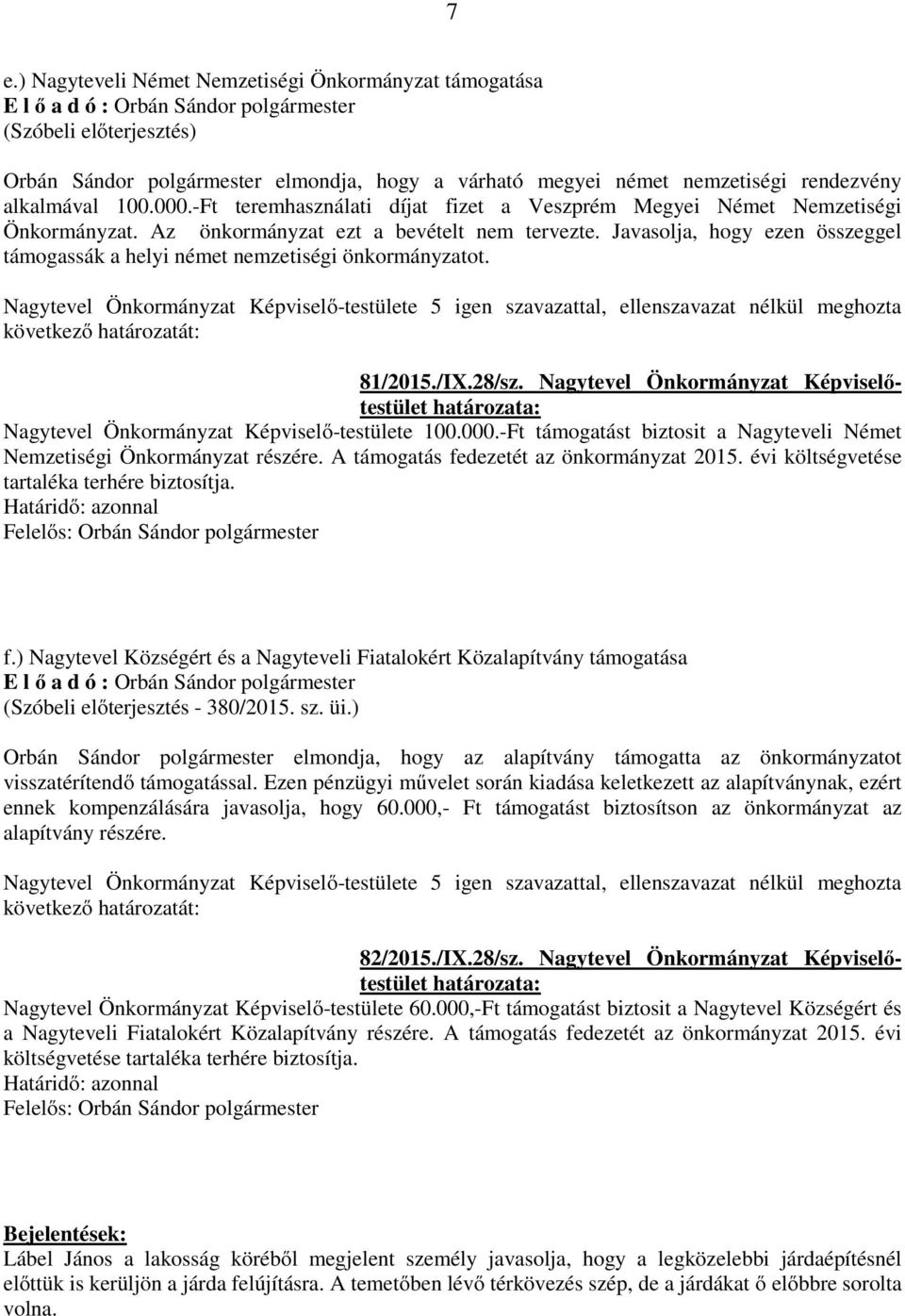 Javasolja, hogy ezen összeggel támogassák a helyi német nemzetiségi önkormányzatot. 81/2015./IX.28/sz. Nagytevel Önkormányzat Képviselőtestület Nagytevel Önkormányzat Képviselő-testülete 100.000.