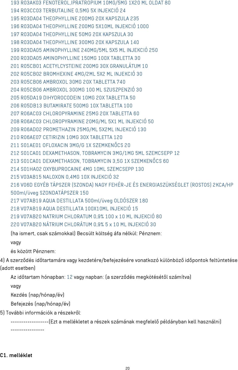 TABLETTA 30 201 R05CB01 ACETYLCYSTEINE 200MG 30X GRANULÁTUM 10 202 R05CB02 BROMHEXINE 4MG/2ML 5X2 ML INJEKCIÓ 30 203 R05CB06 AMBROXOL 30MG 20X TABLETTA 740 204 R05CB06 AMBROXOL 300MG 100 ML