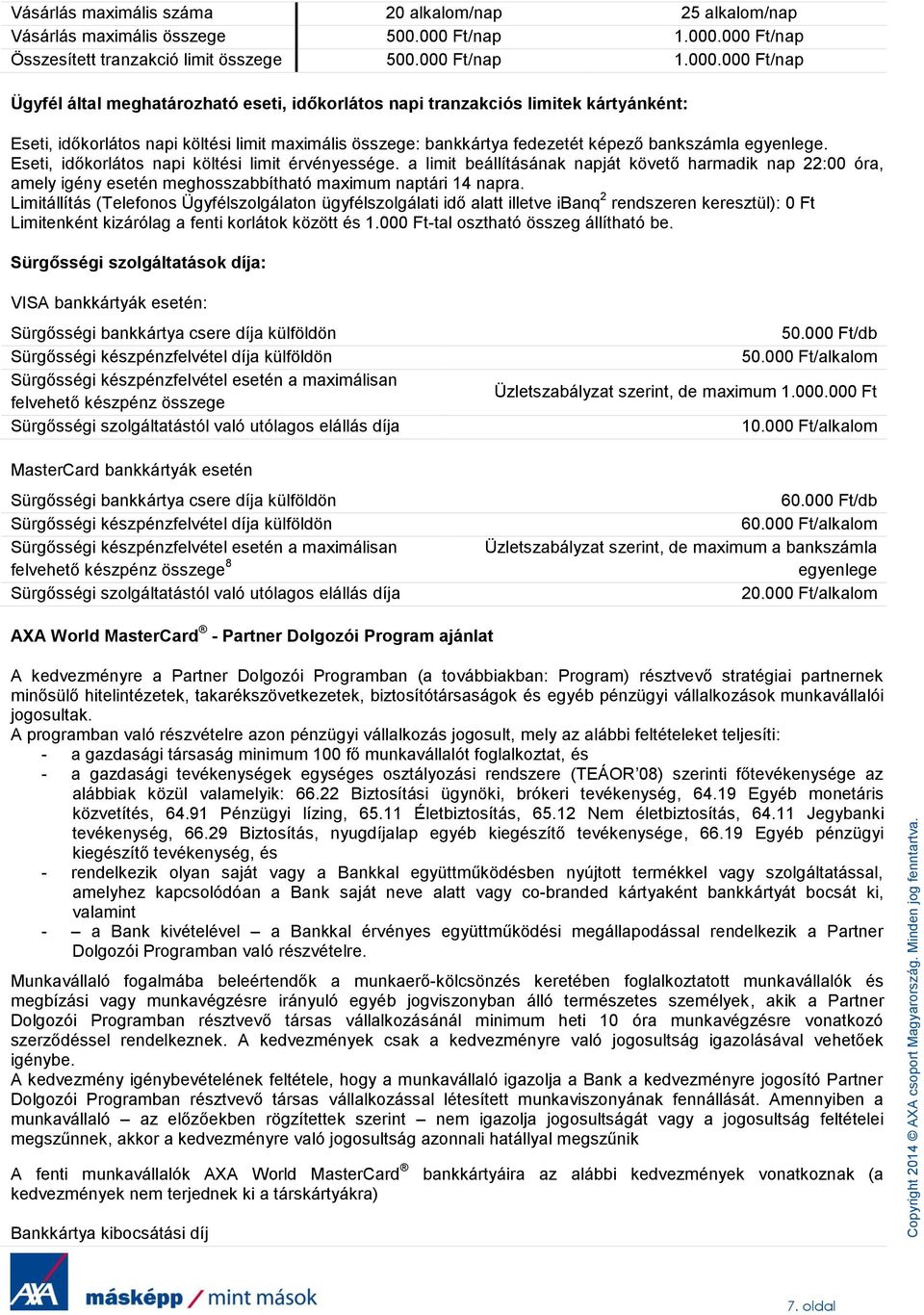 00/nap Ügyfél által meghatározható eseti, időkorlátos napi tranzakciós limitek kártyánként: Eseti, időkorlátos napi költési limit maximális összege: bankkártya fedezetét képező bankszámla egyenlege.